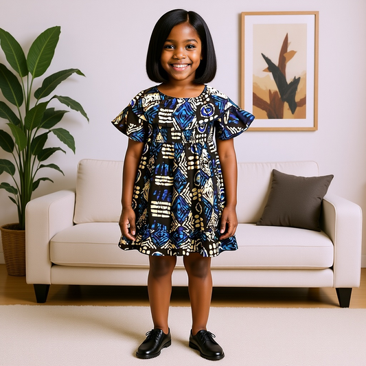 Girls Blue African Print Dress w/Headband (10T)