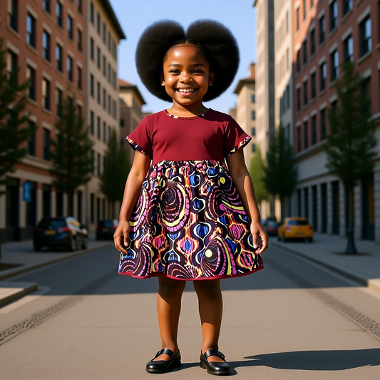 Girls Ankara Trim Purple Dress