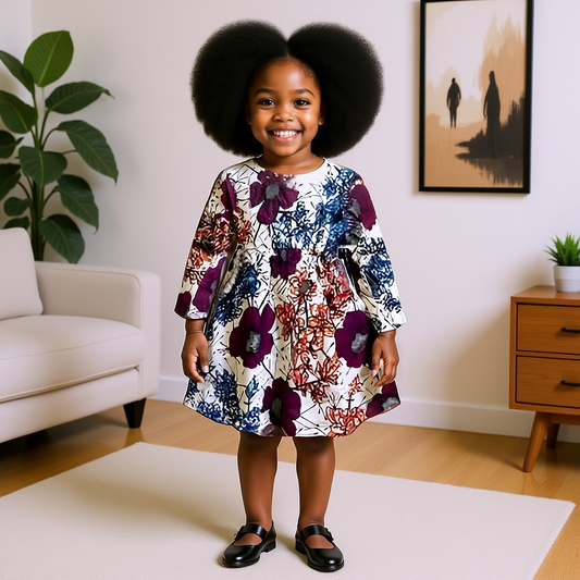 Girls Purple White Floral African Print Dress