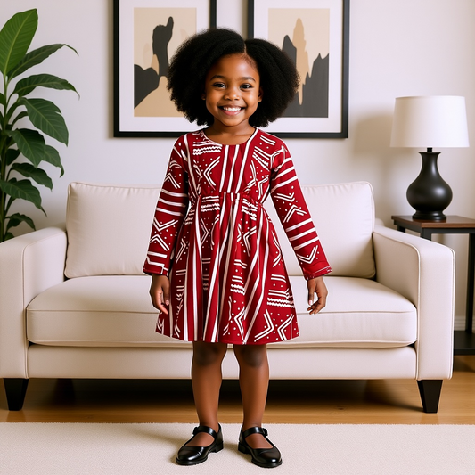Girls Red White African Print Dress