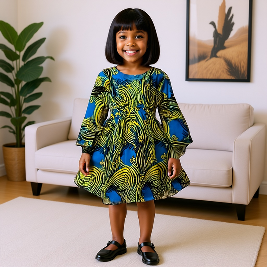 Girls Blue Yellow African Print Dress
