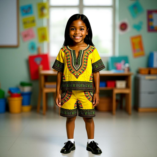 2 pcs Yellow/Green Dashiki Short Set