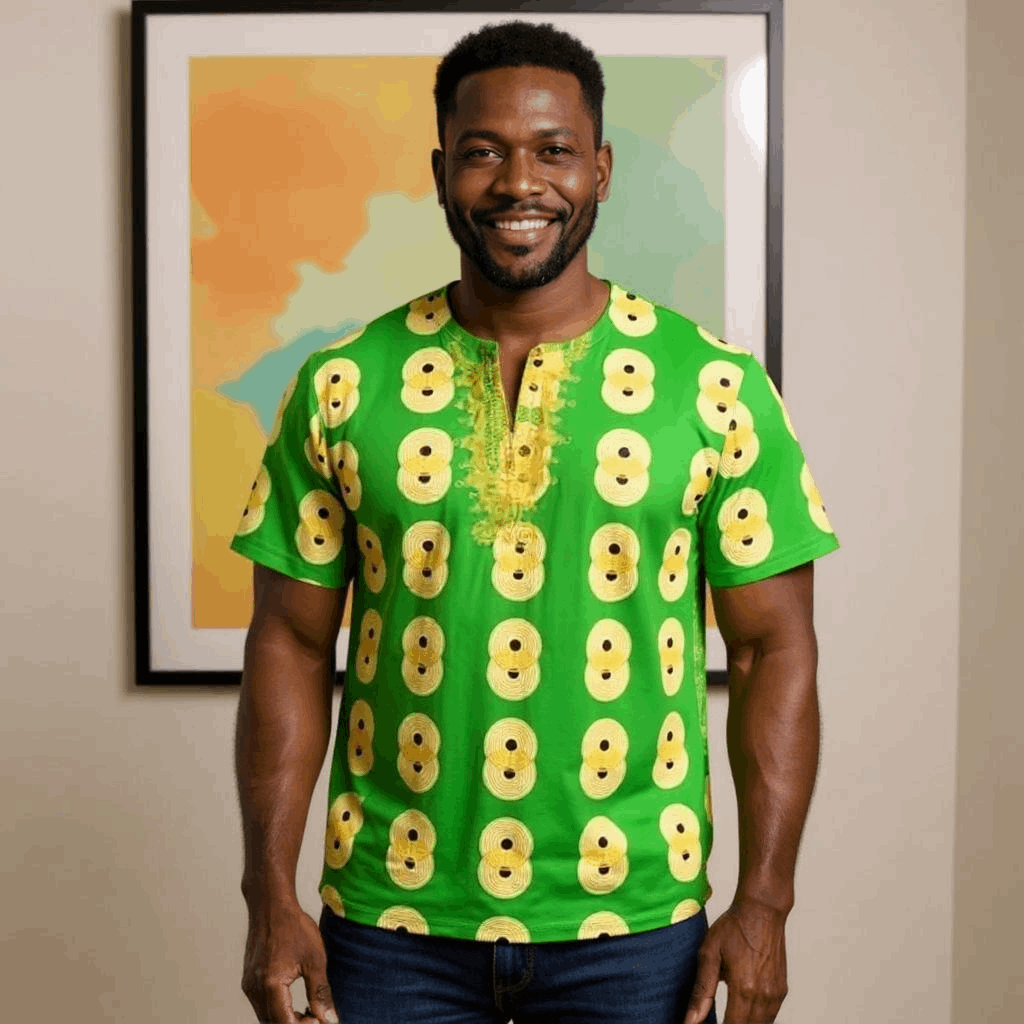 African Green, Yellow Print Gambia Dashiki Shirt