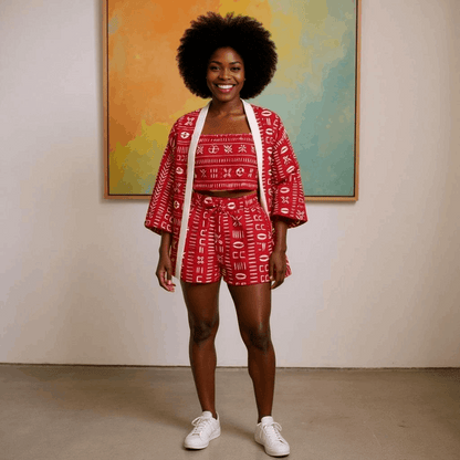 African Print Kimono, Top, and Shorts Set