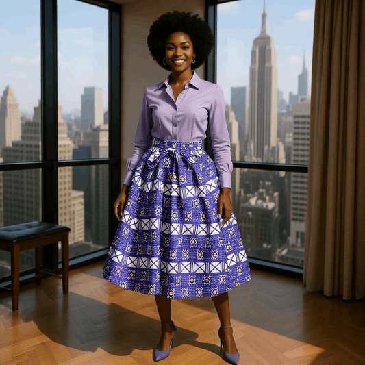 African Deep Blue, White, Yellow Print Midi Skirt