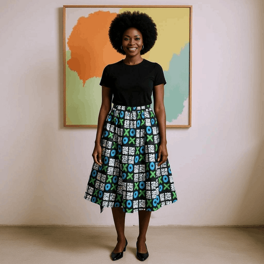 African Tic Tac Toe Print Midi Skirt