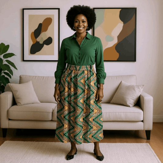 African Green Zig Zag Print Long Skirt
