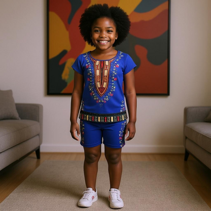 Girls/Juniors/Women's 2pc African Print Blue Scuba Top & Bottom Set
