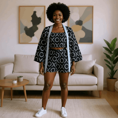 African Print Kimono, Top, and Shorts Set
