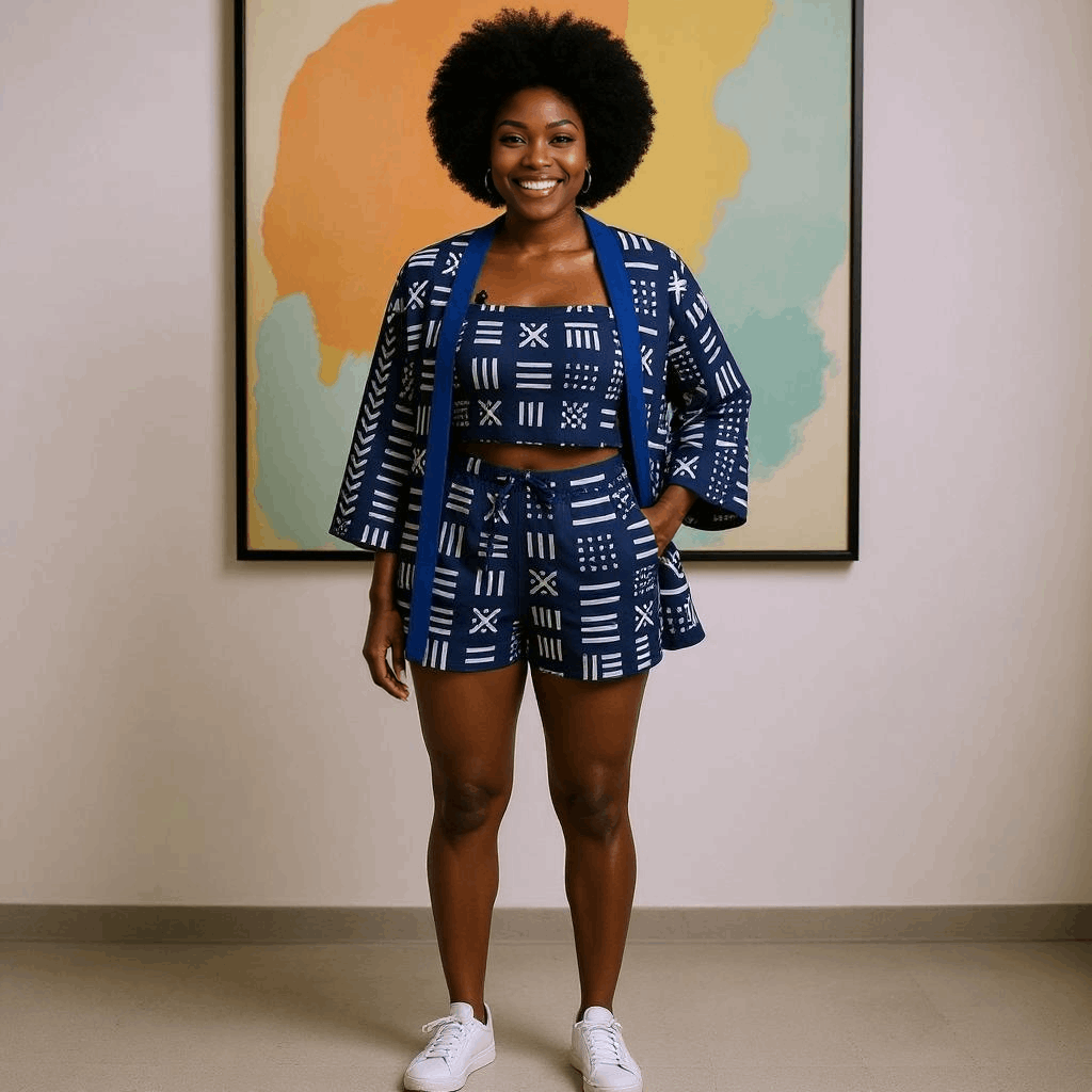 African Print Kimono, Top, and Shorts Set
