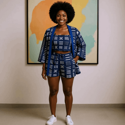 African Print Kimono, Top, and Shorts Set