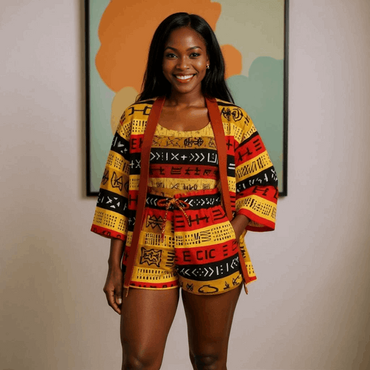 African Print Kimono, Top, and Shorts Set