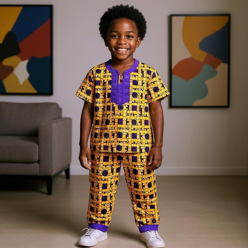 Boys 3pc Orange Purple Embroidered African Dashiki Pant Set