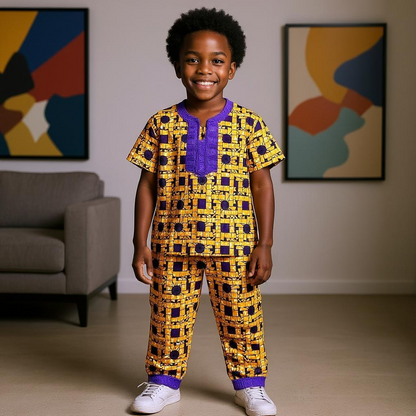Boys 3pc Orange Purple Embroidered African Dashiki Pant Set