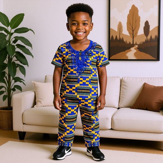 Boys African Print Embroidered Dashiki Pants Set (4T)