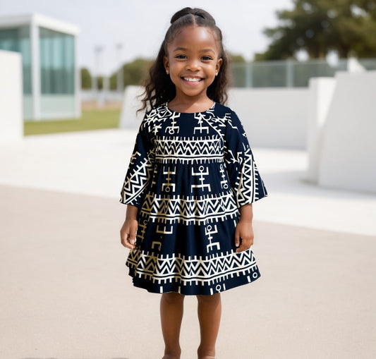 Girl's African Print Black/Cream Smock Maxi Dress