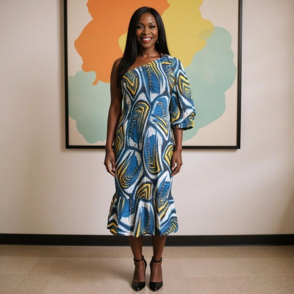 Universal One-Shoulder African Print Midi Dress