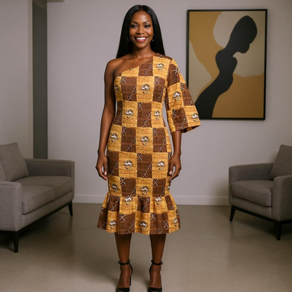 Universal One-Shoulder African Print Midi Dress