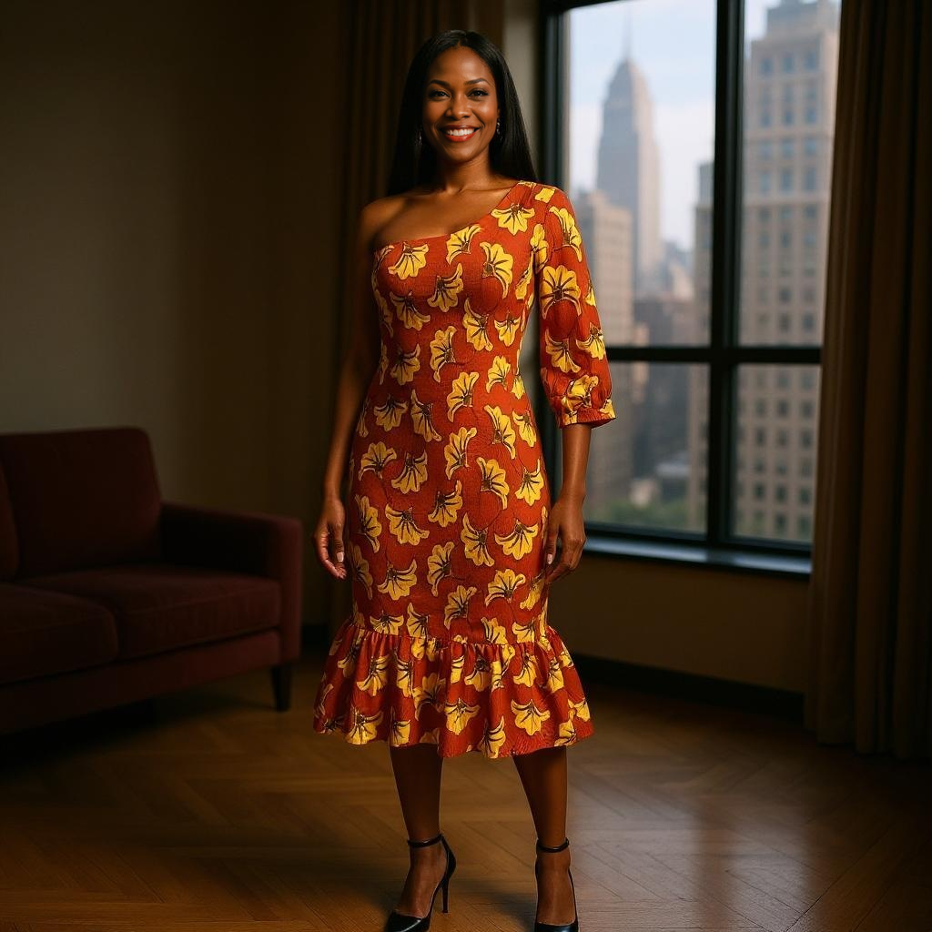 Universal One-Shoulder African Print Midi Dress