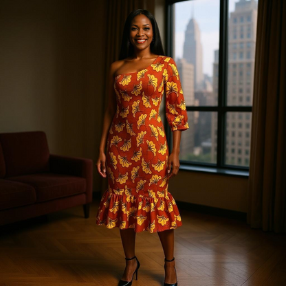 Universal One-Shoulder African Print Midi Dress