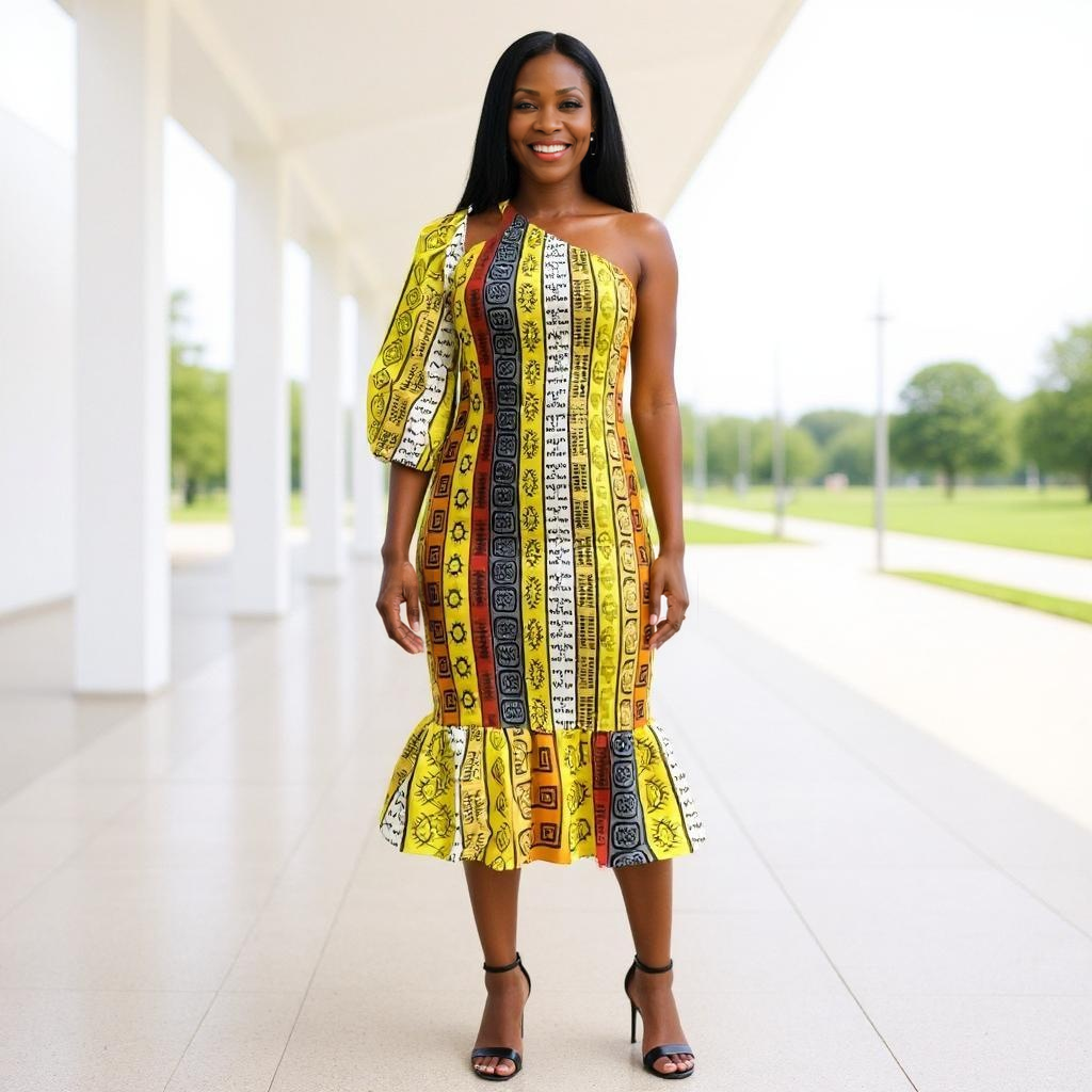 Universal One-Shoulder African Print Midi Dress