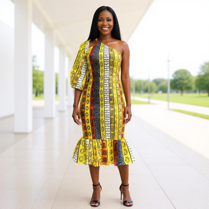 Universal One-Shoulder African Print Midi Dress