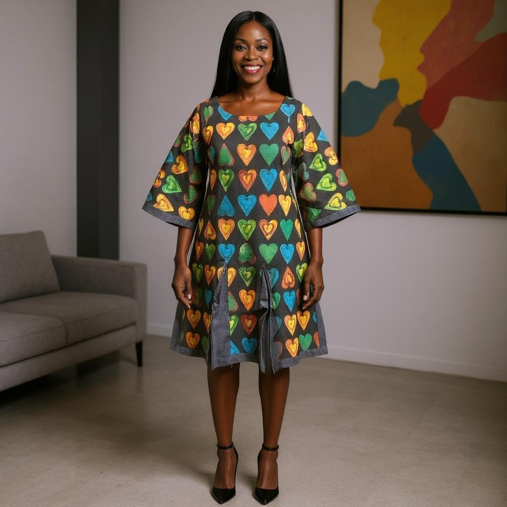 Denim Ankara Print Midi Dress w/Necklace & Earrings Set