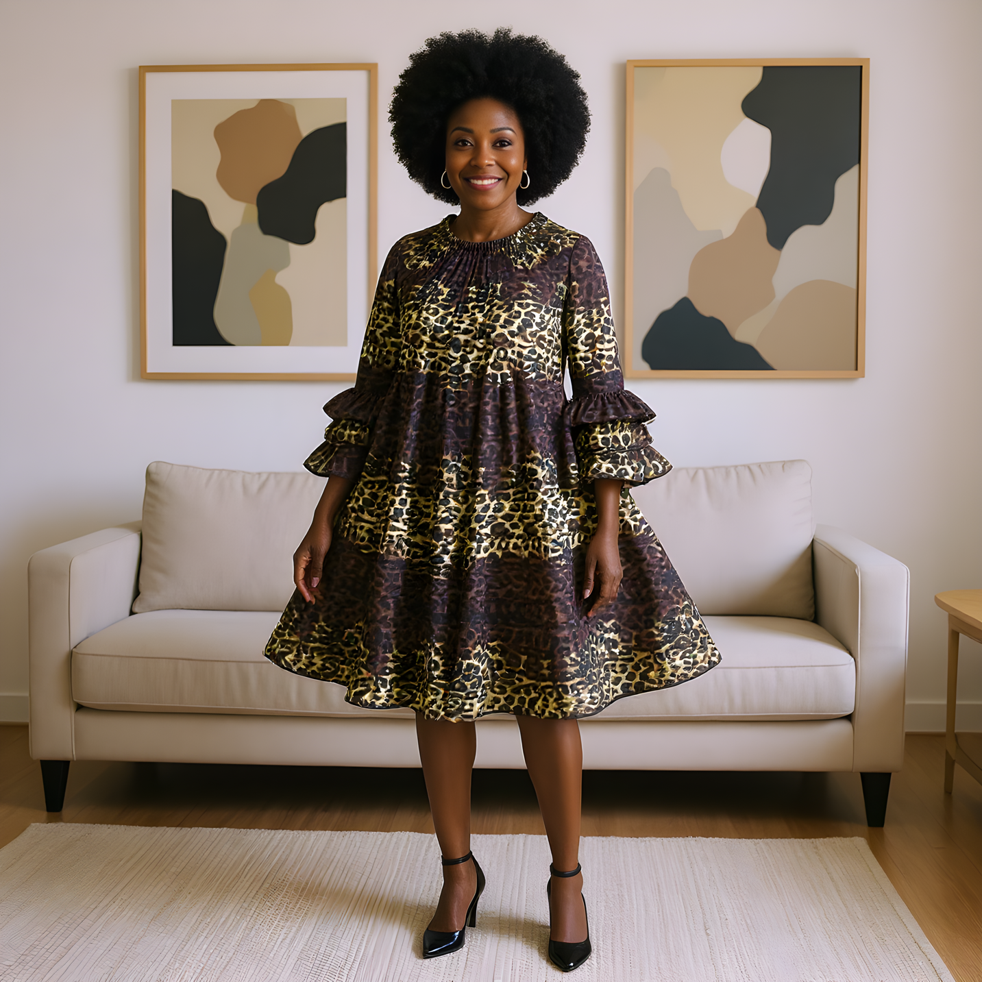 Animal Print Flared Midi Off Shoulder Dress