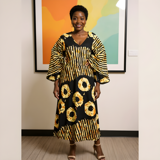 Bold Black & Gold African Print Wrap Dress