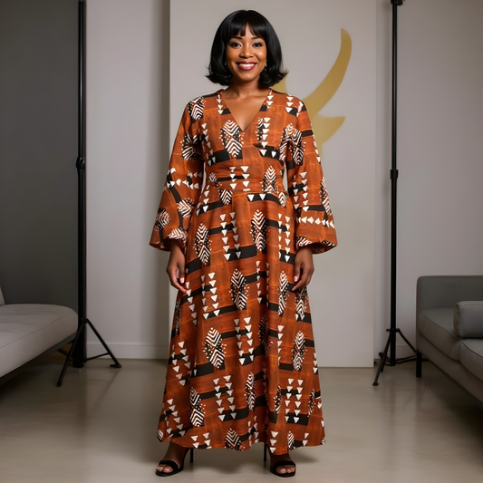 Bold Burnt Orange African Print Wrap Dress