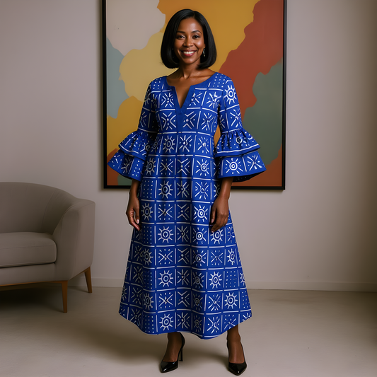 Bold Royal Blue Geometrical African Print Maxi Dress (XL)