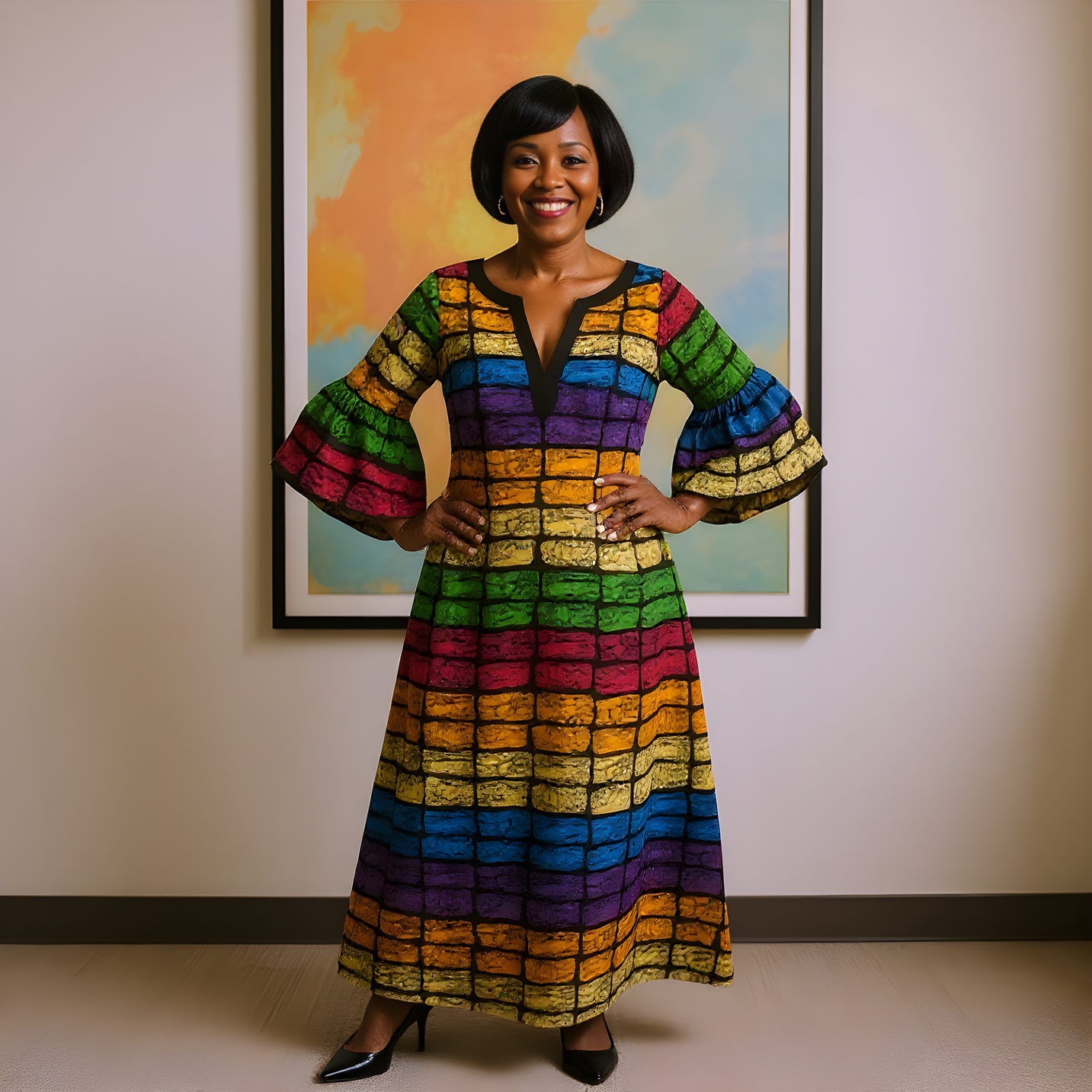 Bold African Multicolor Block Print Maxi Dress (XL)