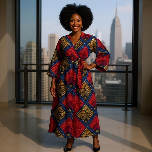 Bold African Red-Blue Diamon Print Wrap Dress