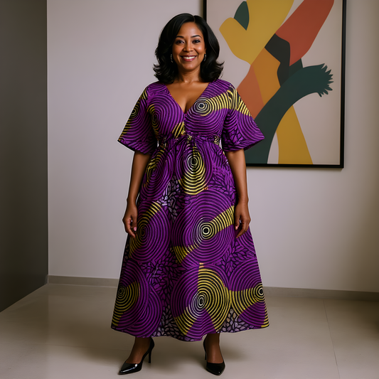 African Purple Swirl Print Maxi Short Sleeve Kaftan Dress