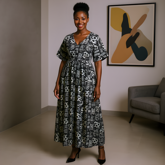 African Black/Light Blue Print Maxi Short Sleeve Kaftan Dress