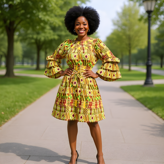 African Yellow Flared Midi Kente Print Off Shoulder Dress
