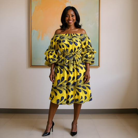 African Yellow-Blue Flared Midi Kente Print Off Shoulder Dress