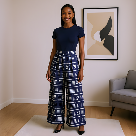 African Navy Blue Print Wide Leg Pants