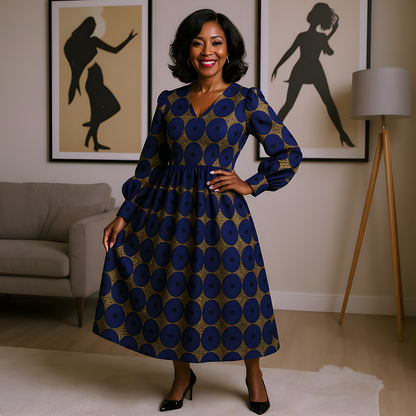 African Royal Moon Print Long Full Sleeve Dress