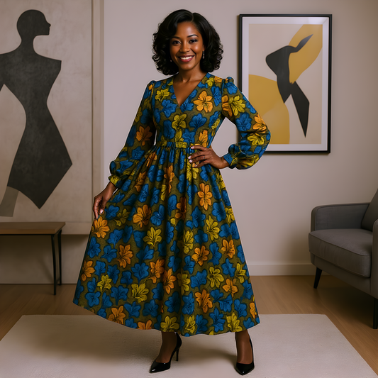 African Multicolor Floral Print Long Full Sleeve Dress