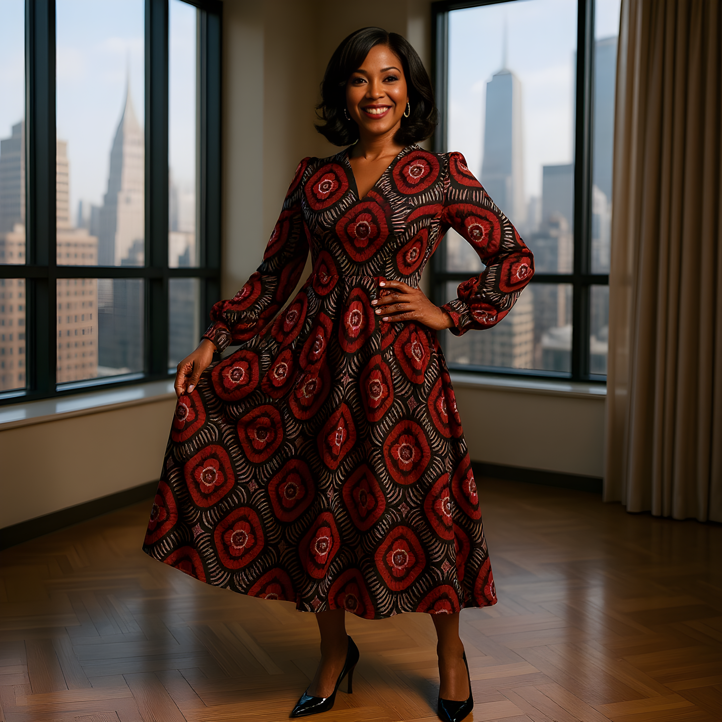 African Red-Black Print Long Full Sleeve Dress