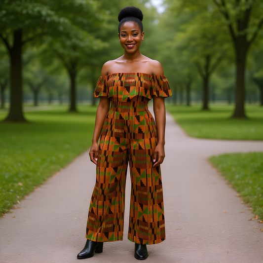 African Kente Print Off Shoulder Palazzo Jumpsuit