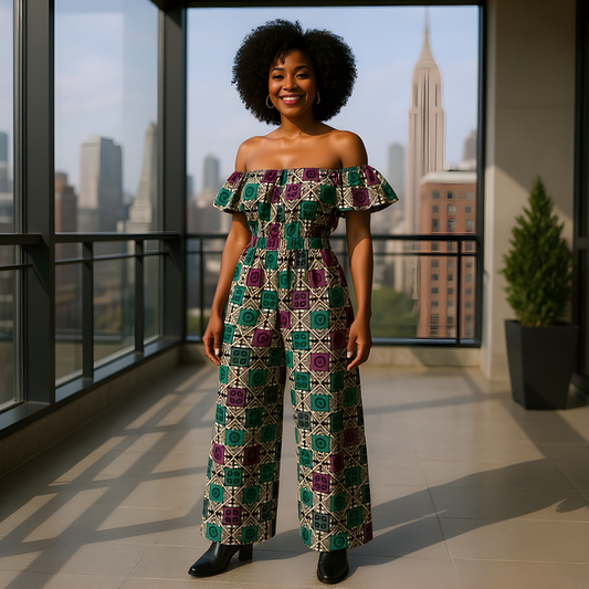 African Geometric Print Off Shoulder Palazzo Jumpsuit