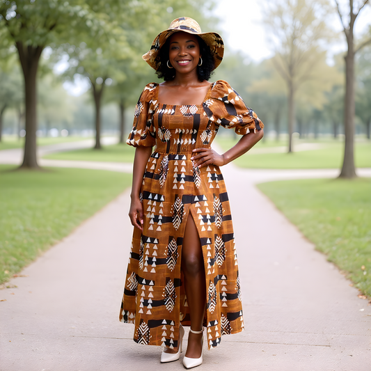 3pc Rich Brown African Slit Dress and Hat Set