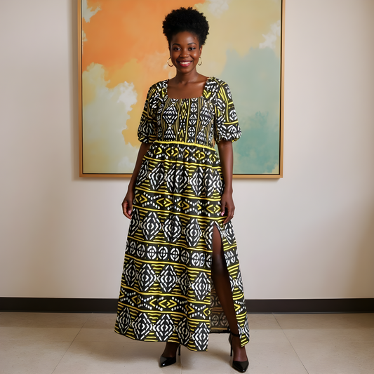 3pc Black/White/Yellow African Slit Dress and Hat Set