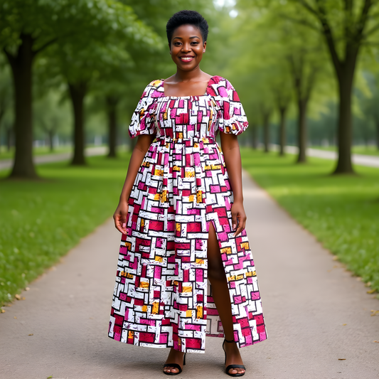 3pc Pink/White/Black African Slit Dress and Hat Set