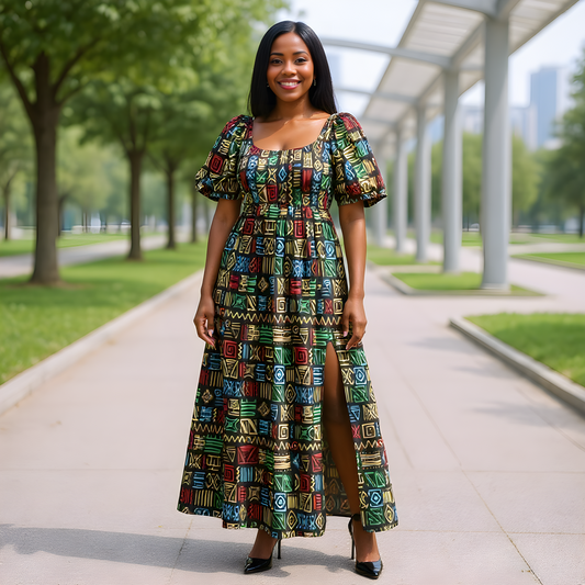 3pc Multi-Print African Slit Dress and Hat Set