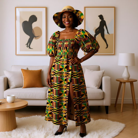 3pc Kente-Print African Slit Dress and Hat Set