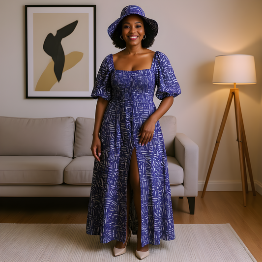 3pc Purple-Print African Slit Dress and Hat Set