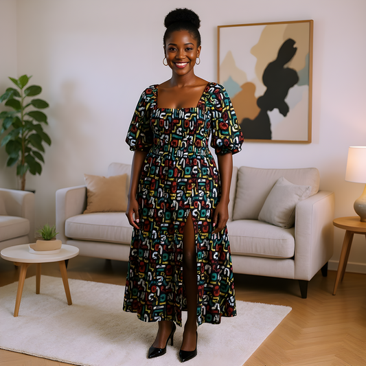 3pc Multi-Color Abstract Print African Slit Dress and Hat Set
